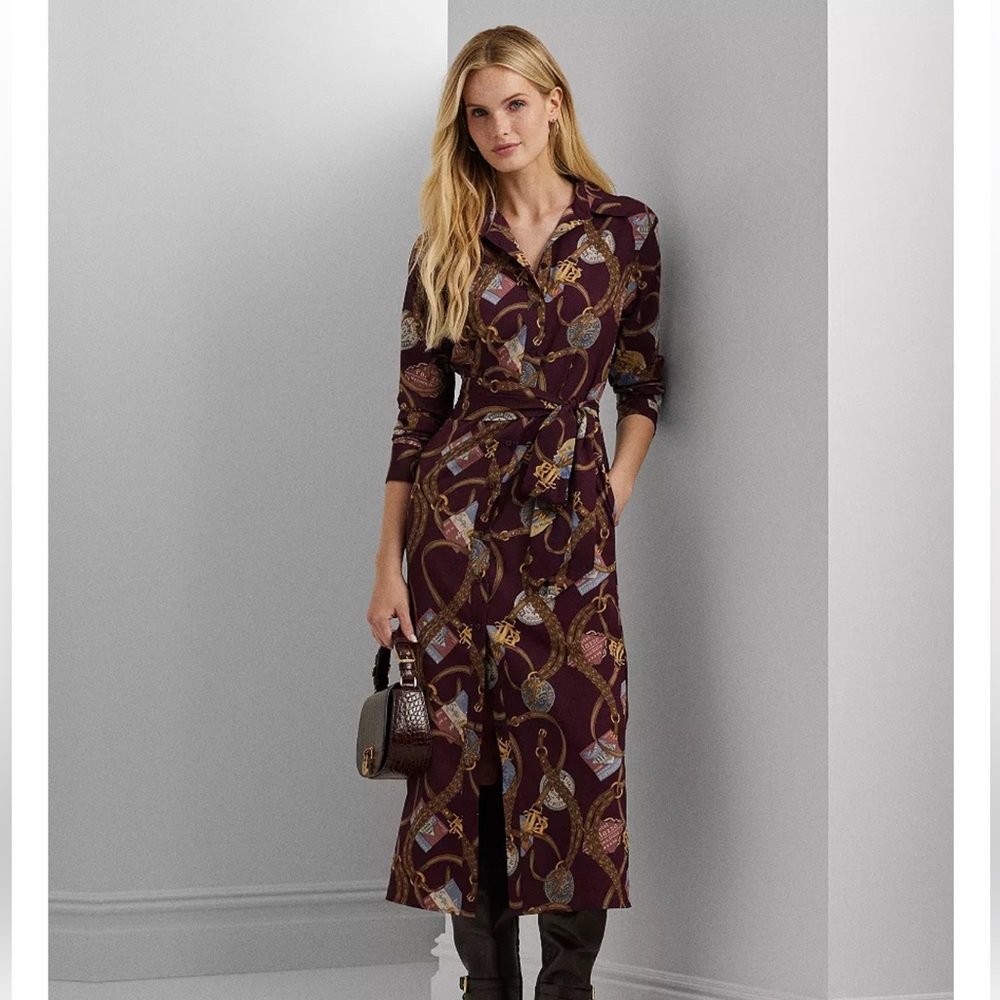 Ralph Lauren Burgundy and‎ Gold Women's Belting-Print Crepe Shirtdress. Sz 2 NWT